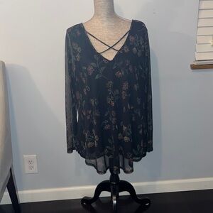 Vibe Sportswear size 3X sheer long sleeve tunic in black with floral print